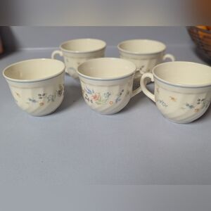 Vintage Arcopal France Floral Milk Glass Tea Cups Blue Rim Set of 5